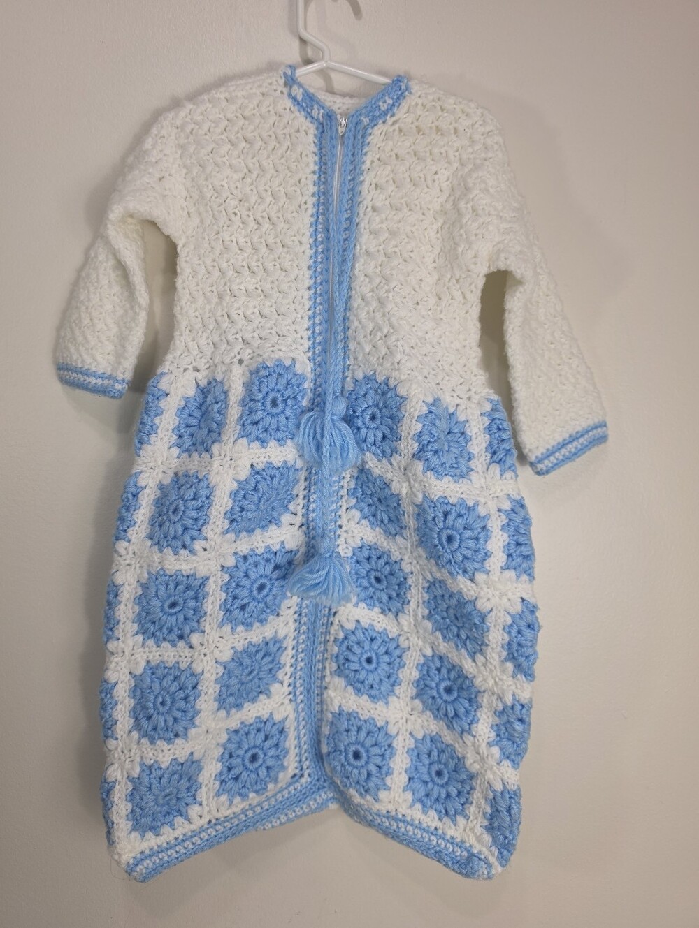 Handmade White and Light Blue Crochet Kids Sleep Sack